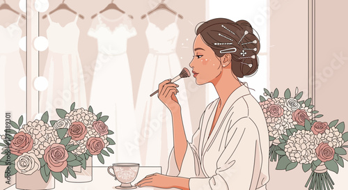 Bride's preparation: Applying makeup before the wedding with elegant dresses