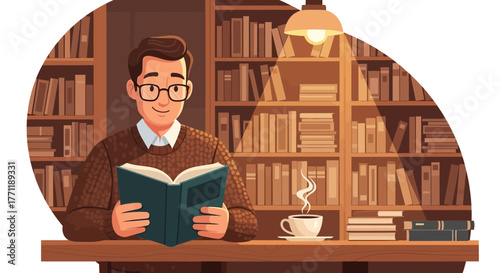 Cartoon man with glasses absorbed in reading book in a cozy room with books