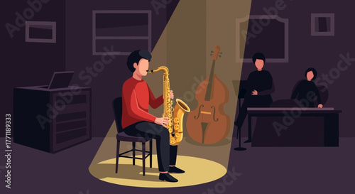 Intimate jazz scene with a saxophonist performing under a spotlight on stage