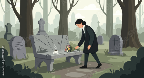 Solemn remembrance: Woman lays flowers at a graveside amidst peaceful cemetery