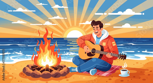 Cartoon character enjoys music and warmth by campfire on sun-kissed beach