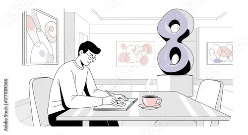 Illustrative scene depicting an artist sketching in a modern art gallery setting