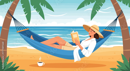 Serene beachfront escape with woman reading in hammock between palm trees