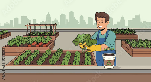 Harvesting fresh produce in an urban rooftop garden with a modern skyline view