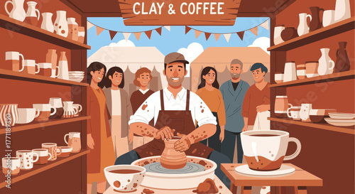 Artisan creates pottery at a clay and coffee market while attracting visitors