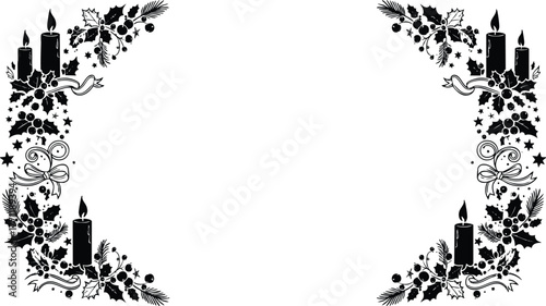 Create stunning festive designs with this elegant Christmas frame featuring candles, holly berries, stars, and ribbon for a touch of winter magic