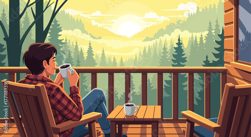 Peaceful contemplation, man on porch, enjoying morning coffee with serene mountain views