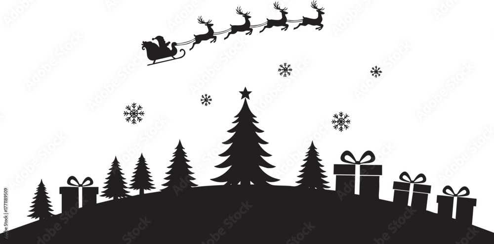 Obraz premium Magical Christmas Eve silhouette with Santa's sleigh flying above snowy trees and gifts, spreading holiday joy and festive cheer for everyone