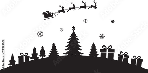 Magical Christmas Eve silhouette with Santa's sleigh flying above snowy trees and gifts, spreading holiday joy and festive cheer for everyone