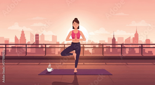 Mindful sunrise: Serene yoga on urban rooftop for balanced mornings and skyline meditation