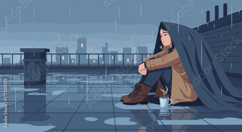 Melancholic reflection: A solitary figure braves the downpour on a rooftop escape