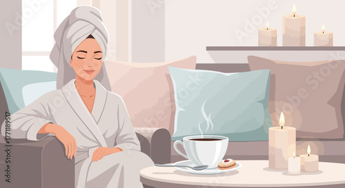 Relaxing spa day for a woman in robe with a towel on her head, drinking coffee