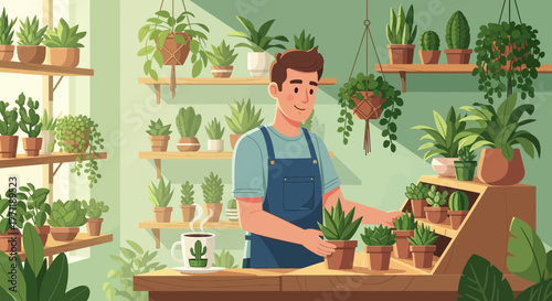 Gardener tending to his indoor botanical sanctuary, surrounded by lush plants