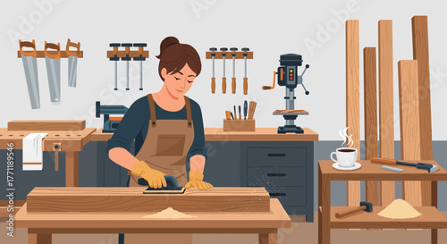 Dedicated craftswoman skillfully smoothing wooden planks in her well-equipped workshop