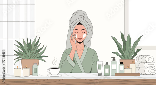 Illustration of a woman applying face cream in a spa-like bathroom setting