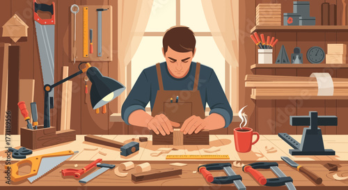 Artistic Depiction of a Craftsman Woodworking in a Cozy Workshop Environment