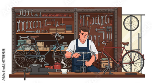Skilled bicycle mechanic meticulously repairing and restoring vintage bicycles in a workshop