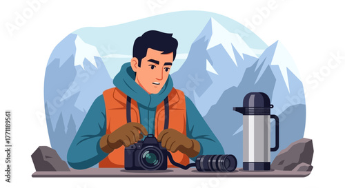 Photographer prepares camera for mountain landscape photography adventure