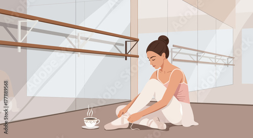 Ballet dancer with coffee break tying pointe shoes in a dance studio