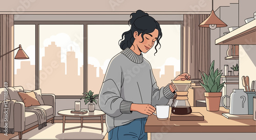 Relaxed morning routine: Woman brewing coffee in a serene urban apartment