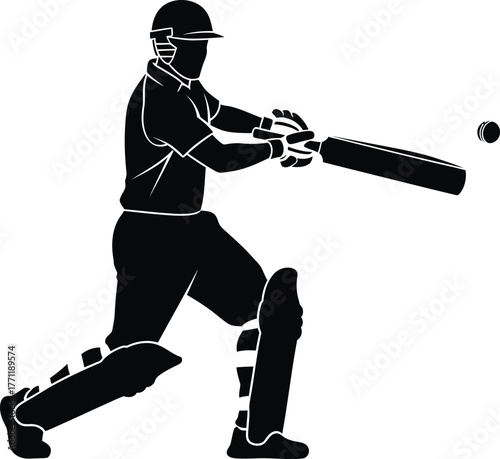 Silhouette of a cricket batsman in action hitting a ball