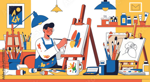 Creative artist immersed in the process of painting a colorful abstract artwork