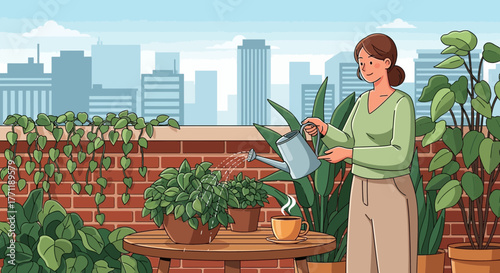 Urban Oasis: A Woman Nurturing Her Rooftop Garden with Serenity and Skyscrapers