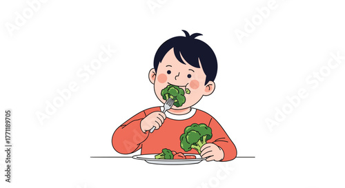 A young boy happily eats fresh broccoli from a plate using a fork, holding another piece, promoting healthy eating habits and nutrition.