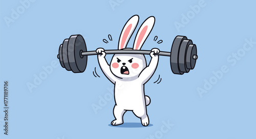 A determined cartoon white bunny with an angry, strained expression successfully lifts a heavy barbell overhead, demonstrating intense effort.