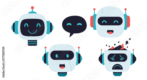 Cute robot and chatbot heads illustrating a spectrum of emotions from happiness and surprise to neutral and sadness, symbolizing AI communication.