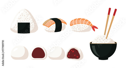 A diverse collection of popular Japanese rice dishes and traditional sweets, including onigiri, sushi, a bowl of rice, and mochi desserts.