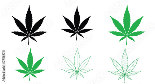 Different graphic designs of cannabis marijuana leaves, including solid black, solid green, and detailed green outline illustrations.