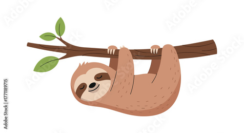 A peaceful cartoon sloth with closed eyes and a smile hangs upside down from a tree branch, depicting a relaxed animal.