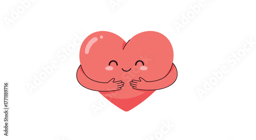 An adorable pink heart character smiles serenely while hugging itself, illustrating concepts of self-care, affection, and inner peace.