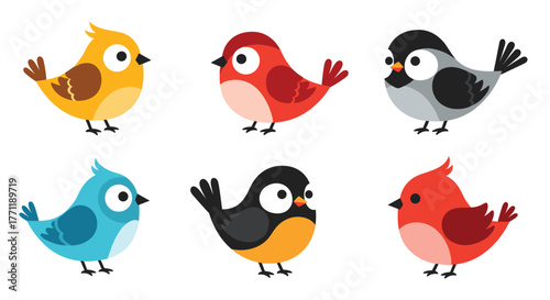 A vibrant collection of cute cartoon birds in various colors and poses, showcasing different species, isolated on a clean white background.