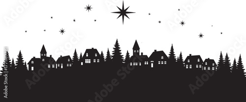 Enchanting Christmas village silhouette with twinkling stars and serene nighttime atmosphere perfect for holiday cards and festive designs