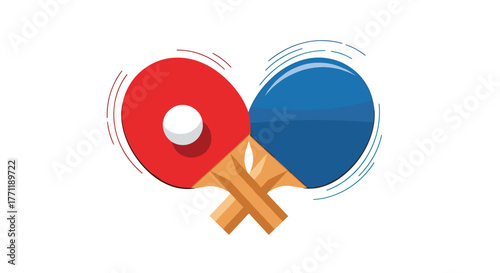Two table tennis paddles, one red and one blue, are crossed to form a heart shape with a ball, symbolizing the love for the sport.