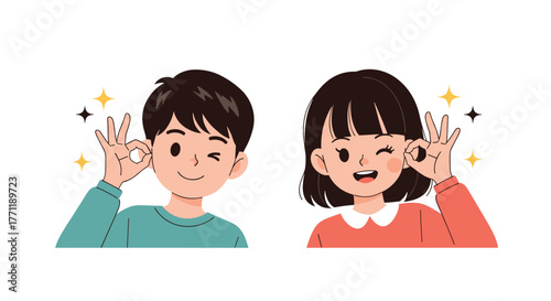 Two happy cartoon children, a boy and a girl, winking and showing an \.