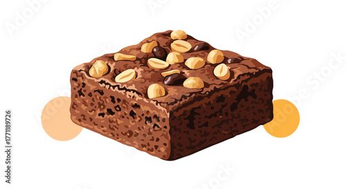 A delightful square of rich, fudgy brownie, generously topped with crunchy peanuts and dark chocolate chips, a classic sweet dessert presentation.