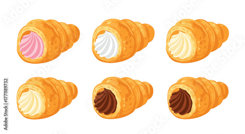 An assortment of sweet cream horns with various delightful fillings like strawberry, vanilla, whipped cream, and chocolate, on a white background.