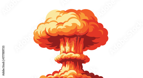 Stylized illustration of a powerful explosion forming a fiery mushroom cloud with intense red, orange, and yellow smoke against a white background.