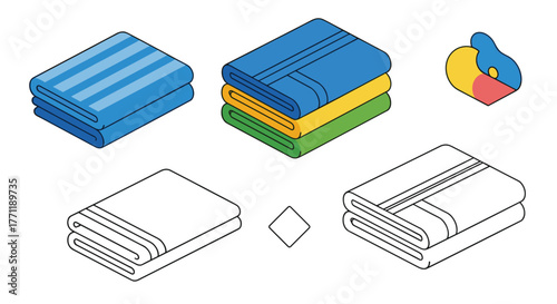 Isometric illustrations of neatly folded towels in various colors and styles, including outline versions, alongside a multi-color abstract icon.