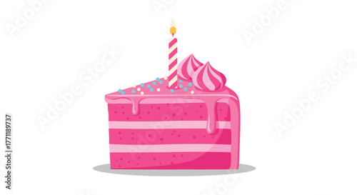 Delicious slice of pink layered birthday cake topped with frosting, colorful sprinkles, and a lit striped candle.