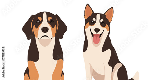 Two animated dogs with contrasting expressions, one serious and one cheerful, sitting side-by-side on a clean white background.