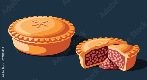 A vibrant vector illustration showcases two golden-baked pies, one whole and another sliced, revealing a chunky, reddish filling, presented on a dark surface.