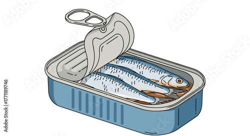 An overhead, slightly angled view of an opened rectangular can of sardines, revealing three whole fish packed neatly in oil or sauce.