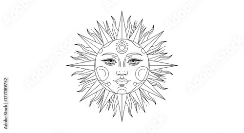 A detailed black and white line art illustration of a celestial sun with a serene human face and radiating stylized rays, perfect for spiritual and bohemian designs.