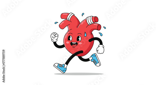 A cheerful cartoon heart mascot runs energetically, sweating happily, promoting cardiovascular health and active living through exercise.