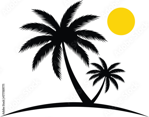 Black silhouette of two palm trees and a yellow sun on white background vector