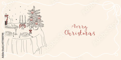 Minimalist Christmas dinner poster. Festive table with a Christmas tree, decorations, and candles. Hand-drawn New Years invitation with elements of drawings.